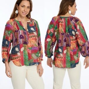 Lior Multi Color Patchwork Boho Chic Indie Balloon Sleeve Half Button Blouse Sz
